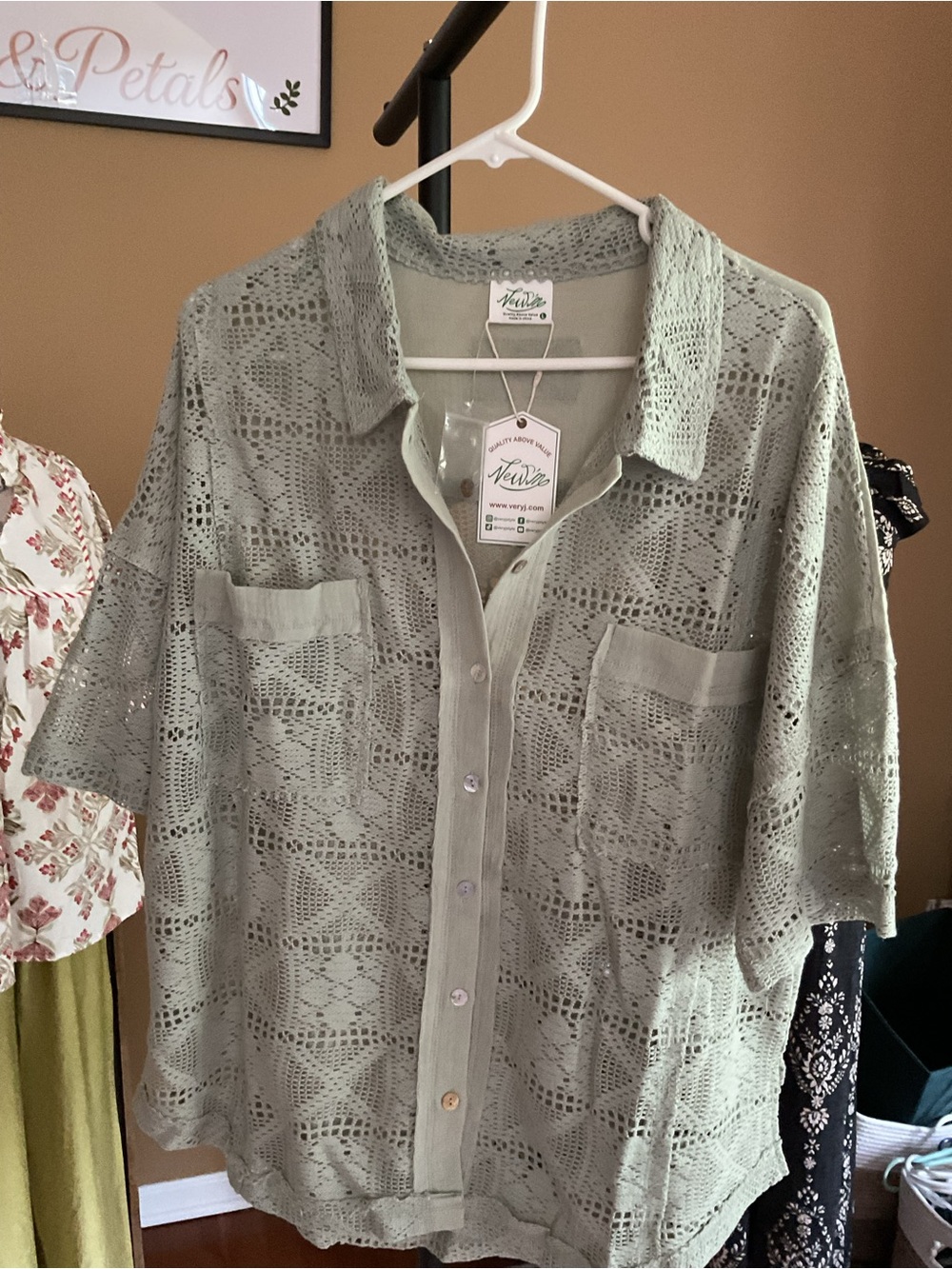 Very J Sage Green Crochet Button-Down Shirt